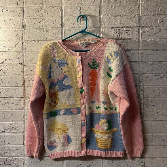 Vintage Alexandra Bartlett Handcrafted Easter Knit Cardigan Pastel Bunny Carrot - Picture 1 of 12